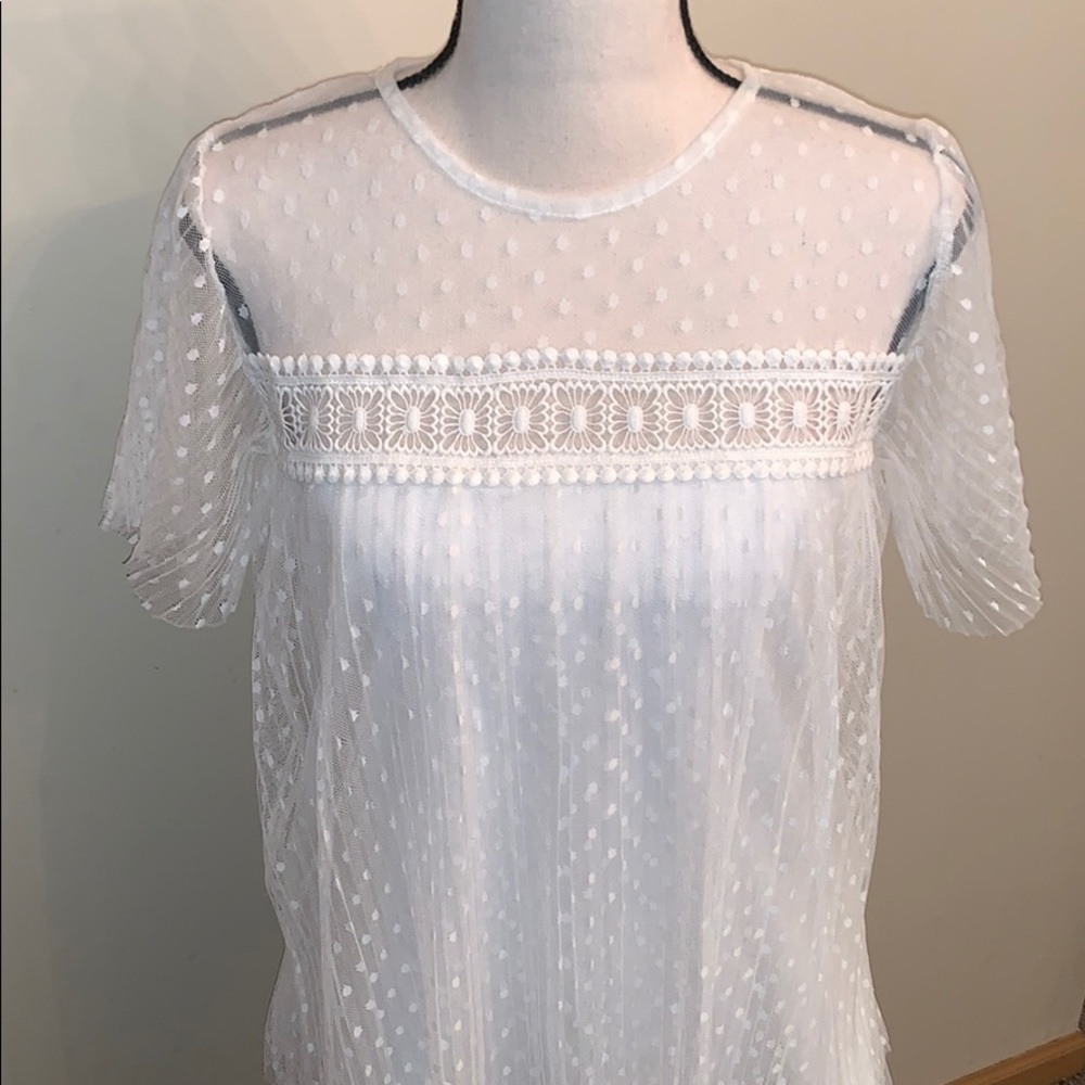 Sheer Overlay Scoop Neck White Top